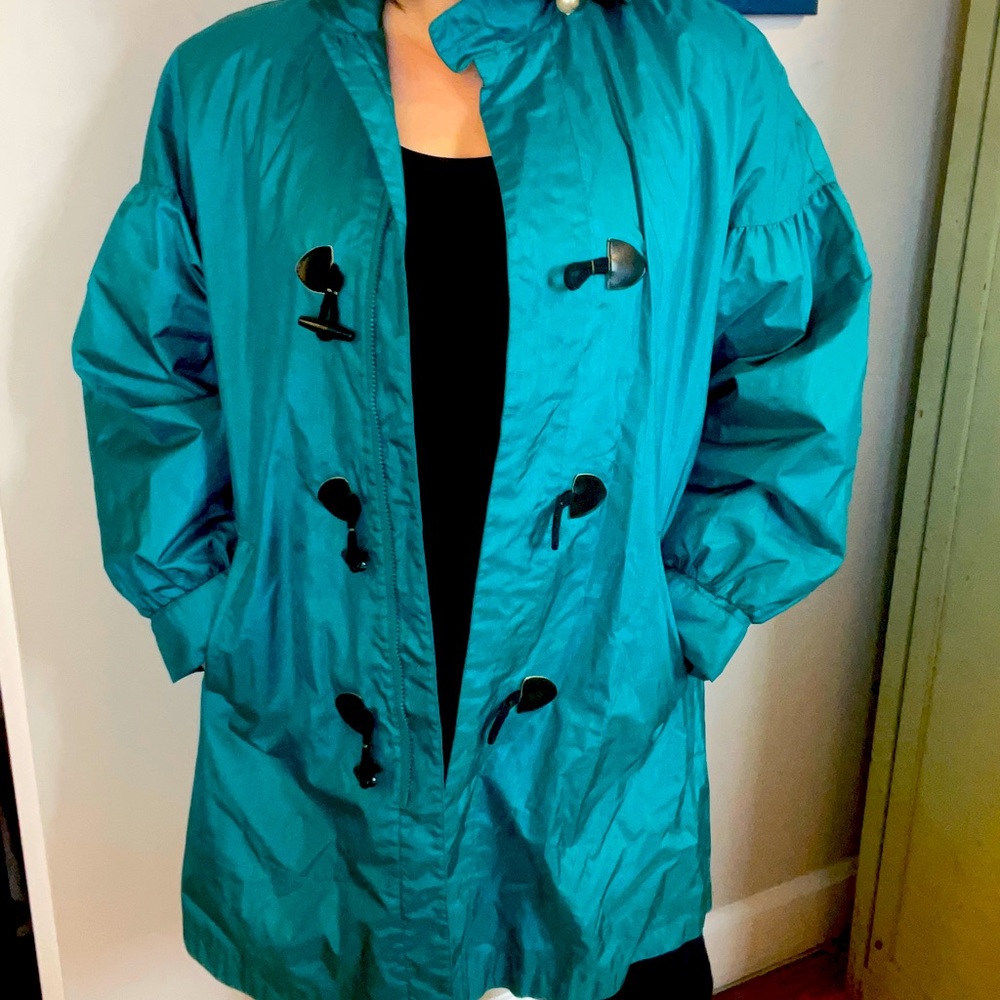 Vintage 80s Teal Waterproof Rain Coat Size XL with Puff Sleeves